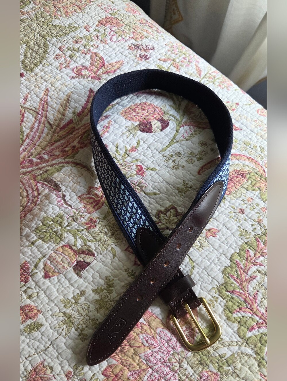 Vineyard Vines Brown Leather & Navy Woven Men’s Belt Size 24